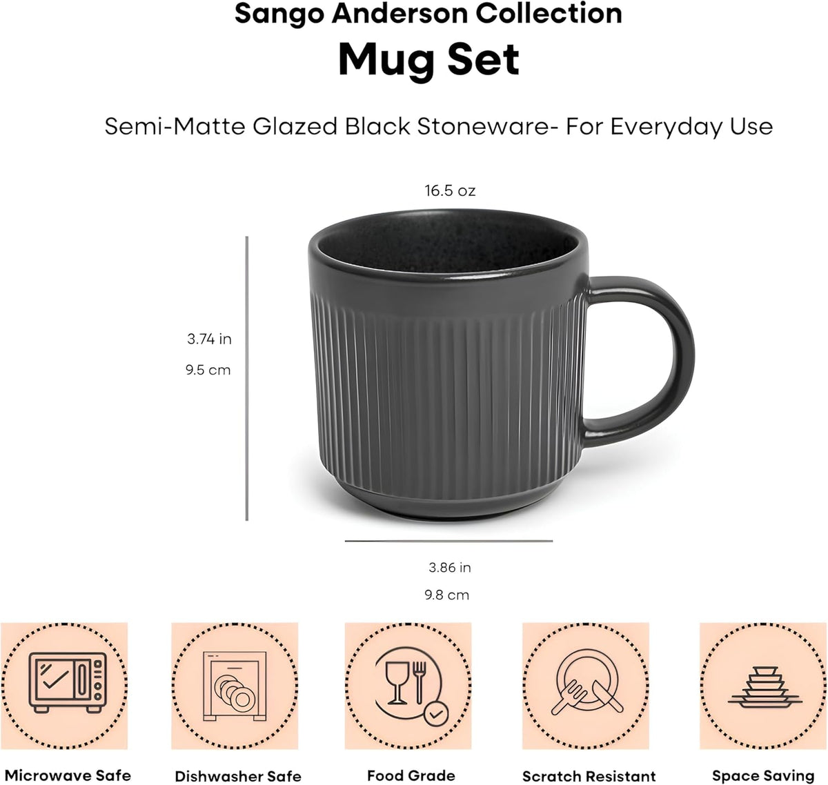 Juego de 4 tazas de café negras de cerámica con esmalte mate