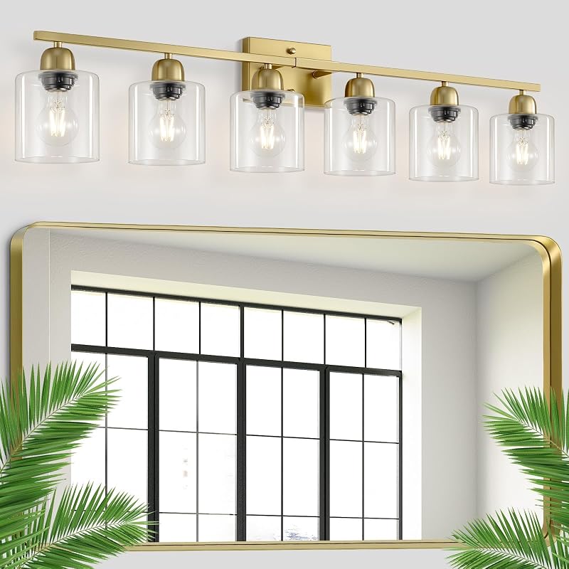 Lámpara baño oro cepillado 6 luces 38" vidrio transparente