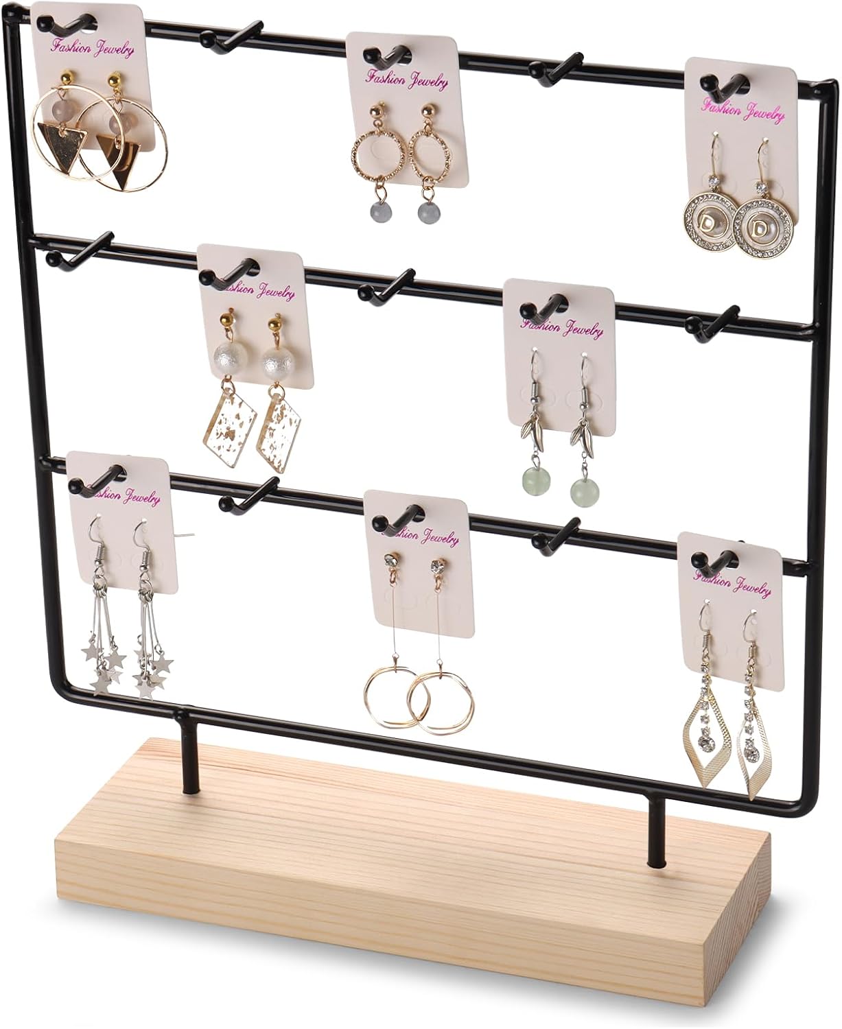 Soporte aretes 3 niveles 15 ganchos madera negro
