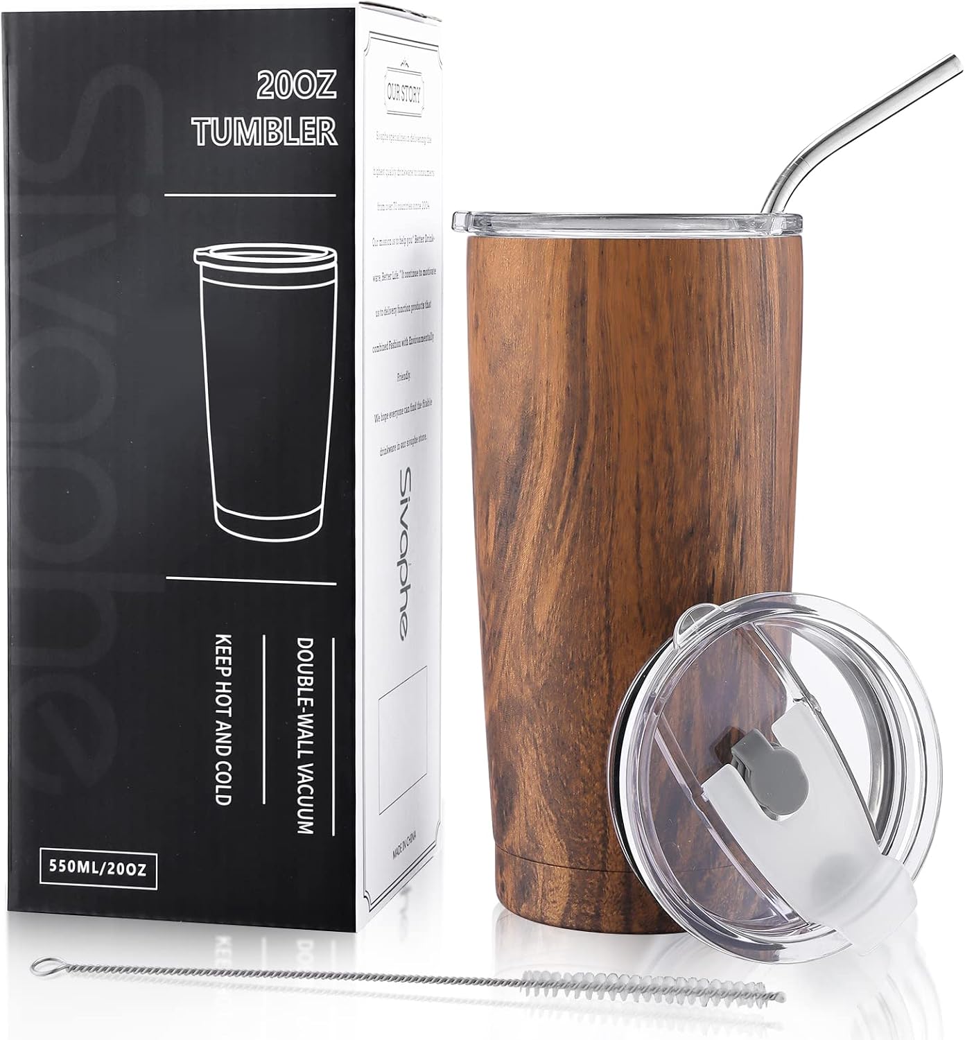 Vaso acero inox 20oz con tapa pajita térmico grano madera