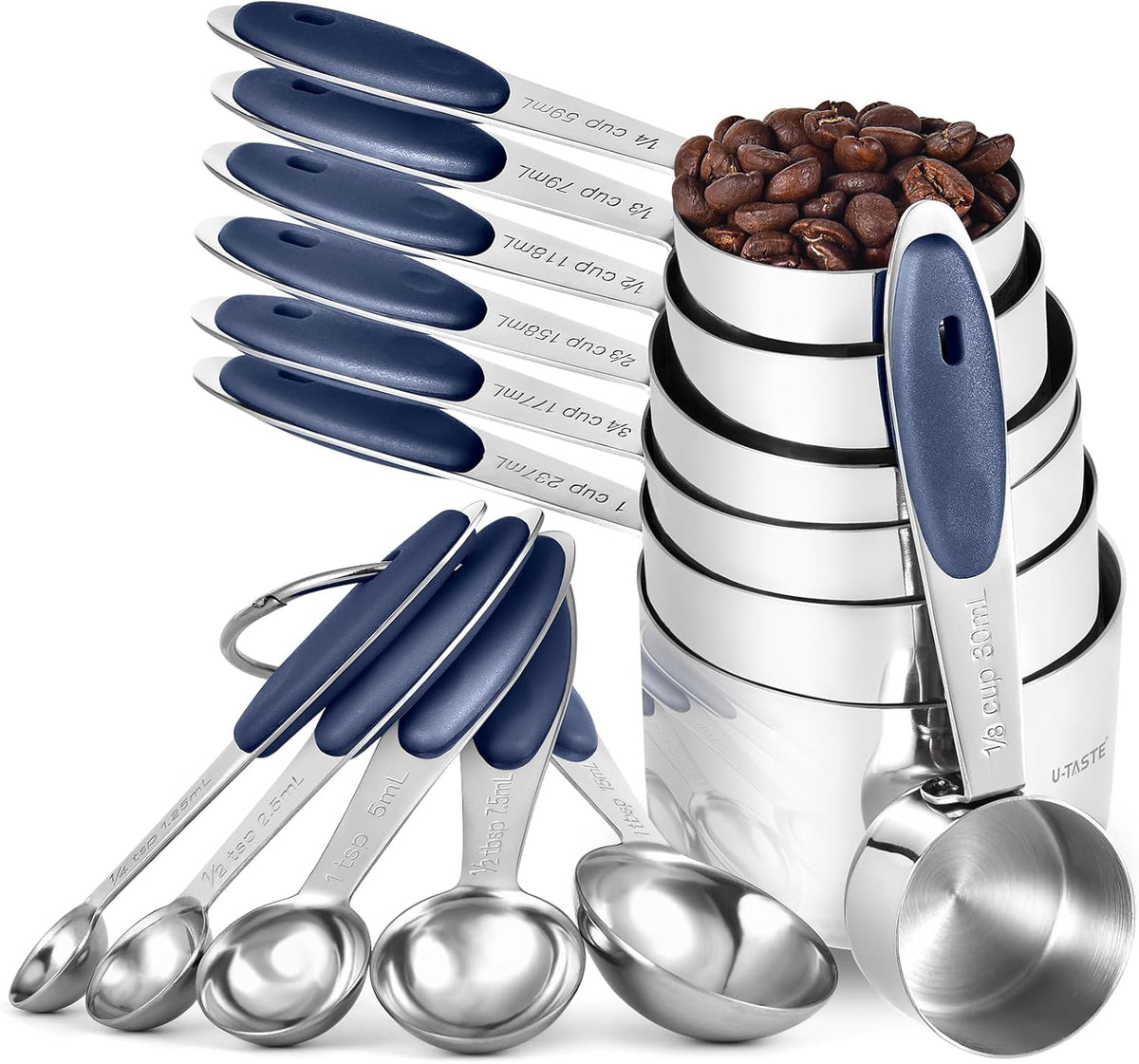 Juego 12 Pzas Tazas y Cucharas Acero Inox 18/8 Azul Medianoche