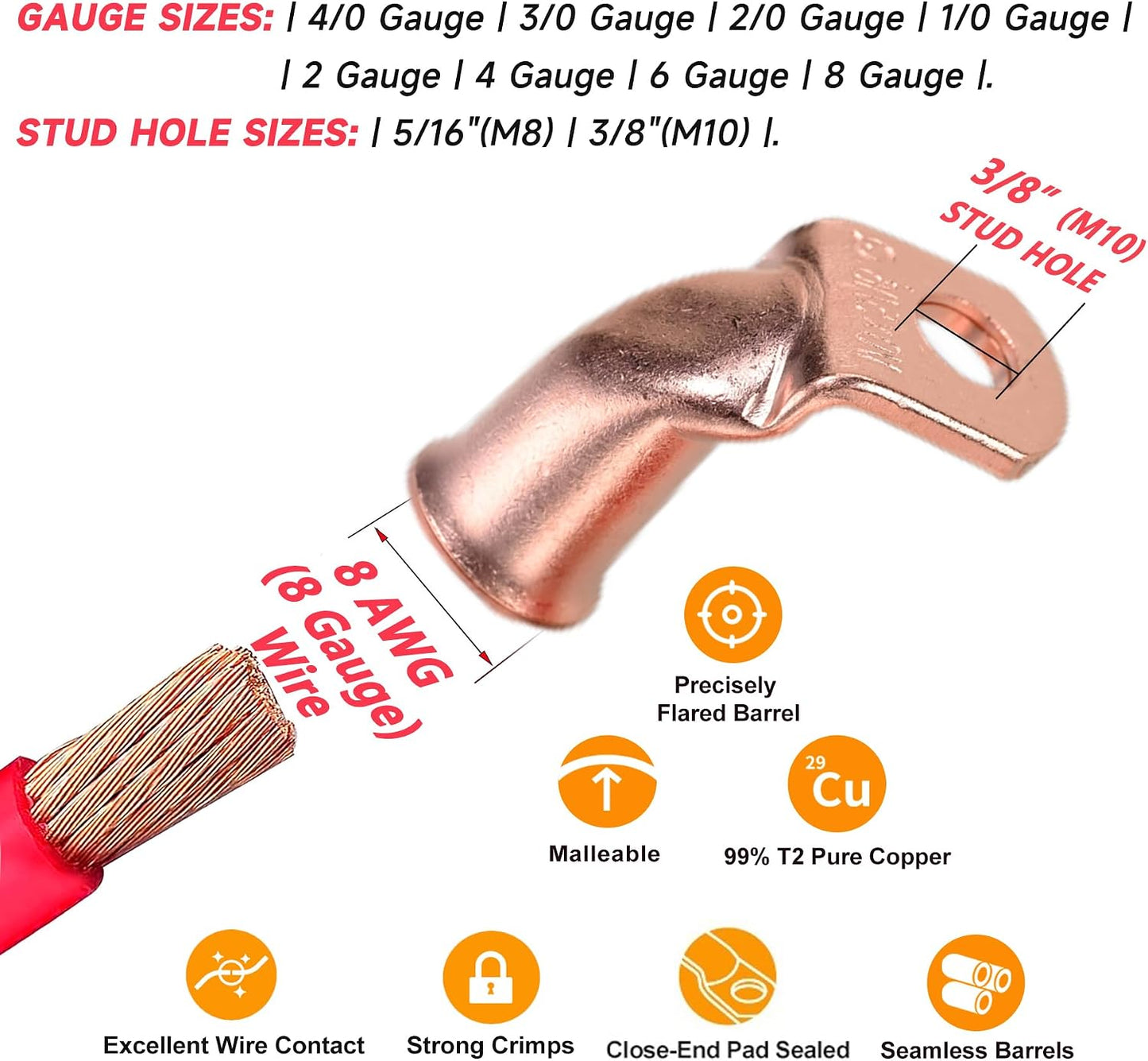 Orejetas cable cobre 90° 10 pzas 8 AWG-3/8