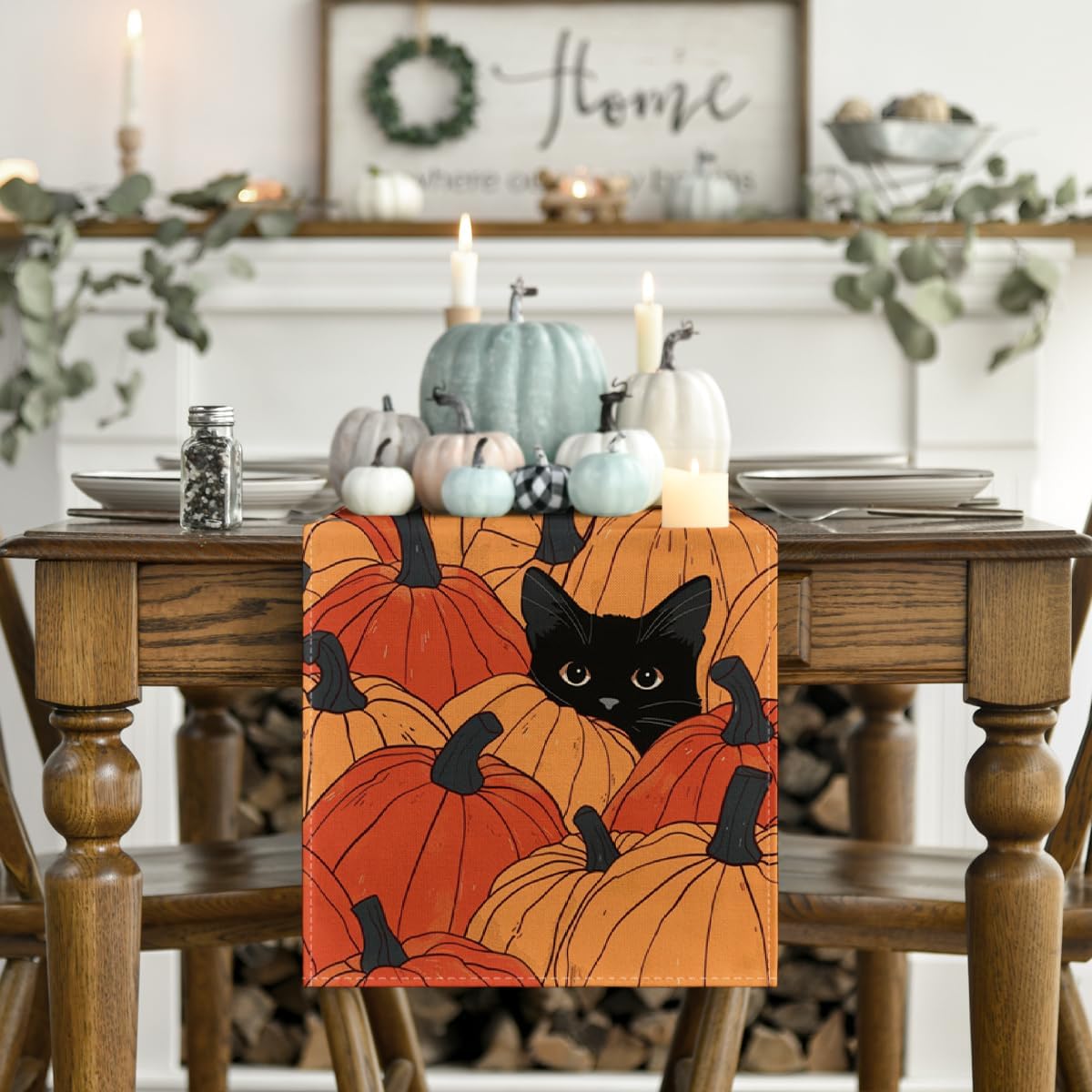 Calabazas gato negro camino mesa otoño decoración 13x36pulg