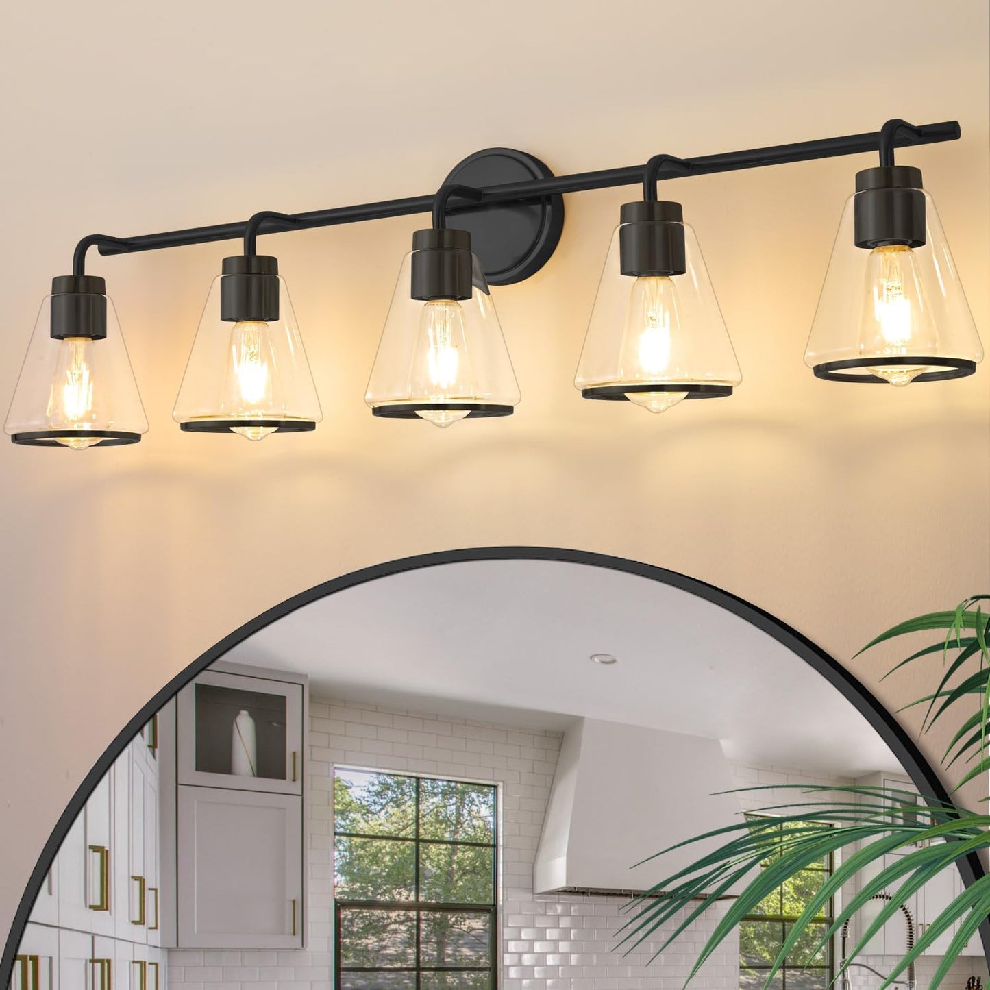 Lámpara baño 5 luces 38.5pulg vidrio luz negra