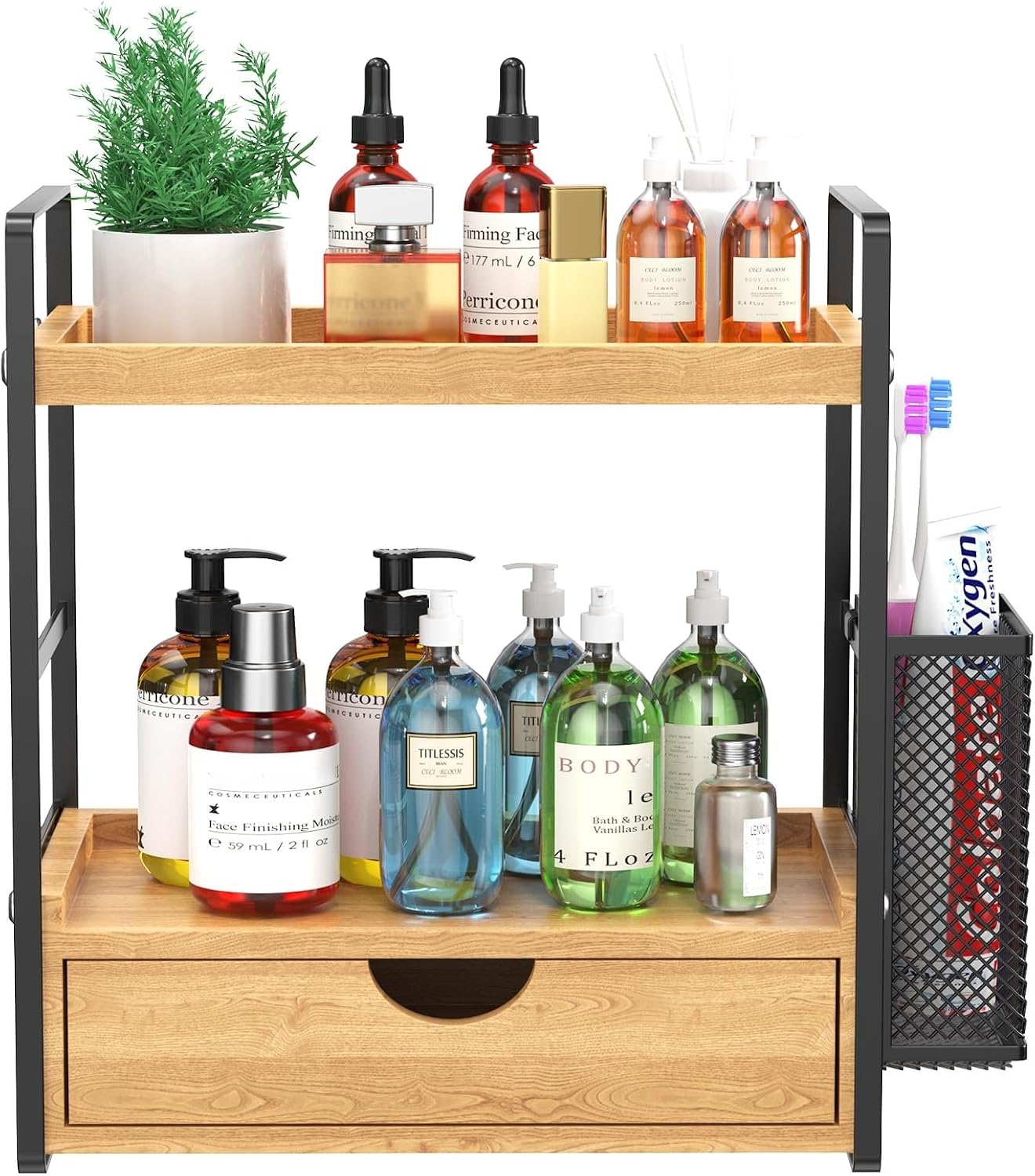 Organiz. encimera baño madera con cajón y cesta