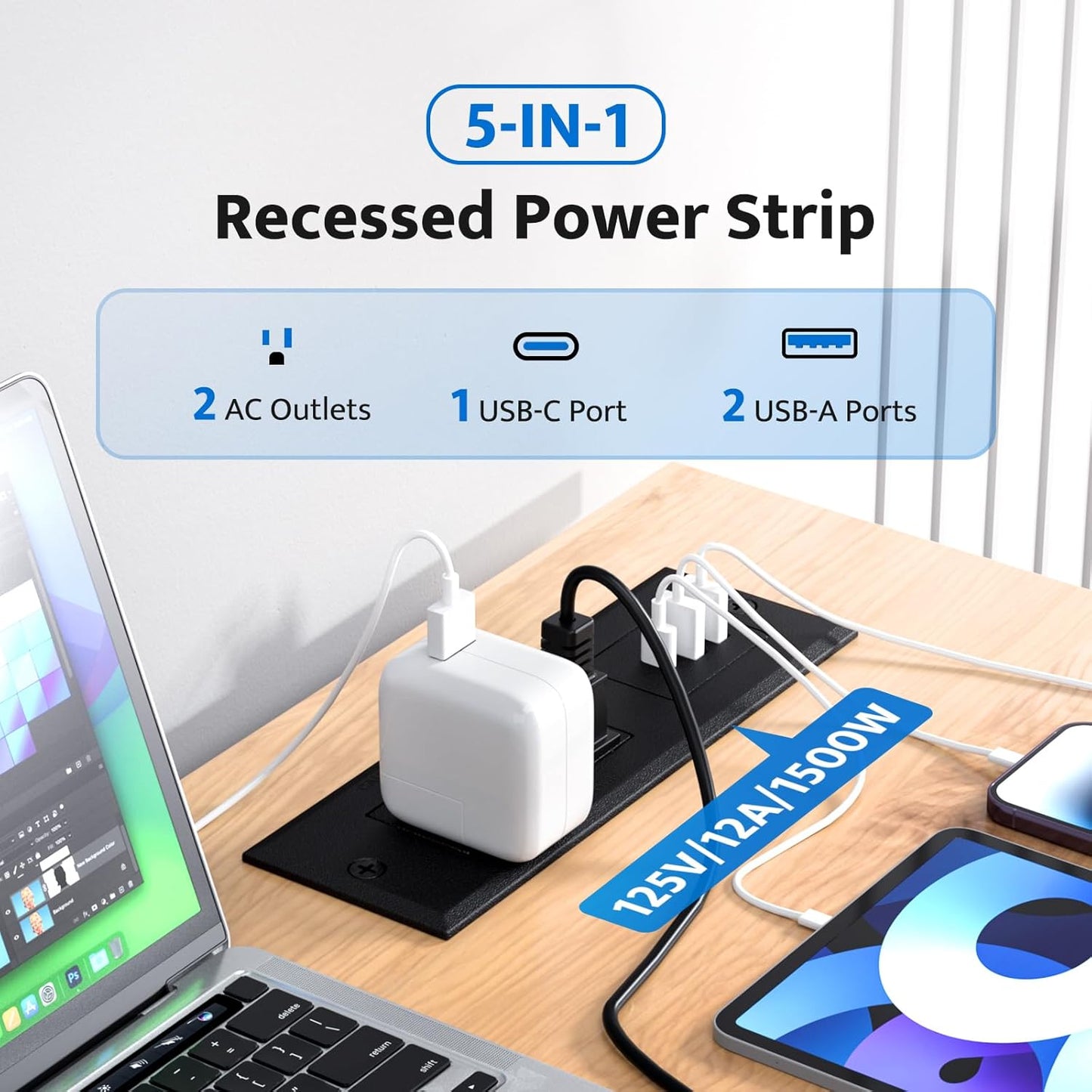 Regleta empotrada USB C carga rápida 2 salidas CA 3 puertos 6pies