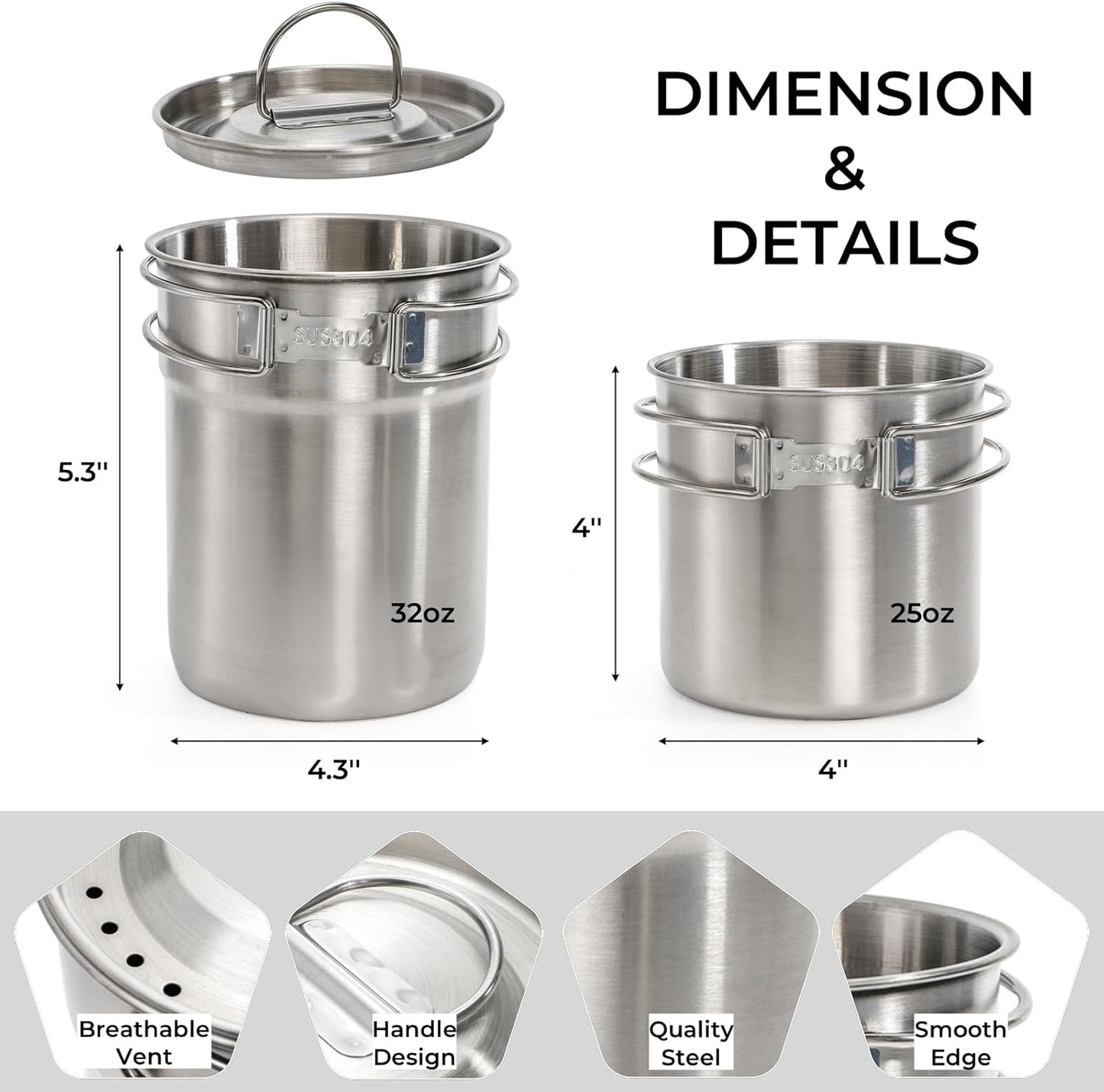 2 Tazas Camping Acero Inox Apilables con Bolsa Tapa