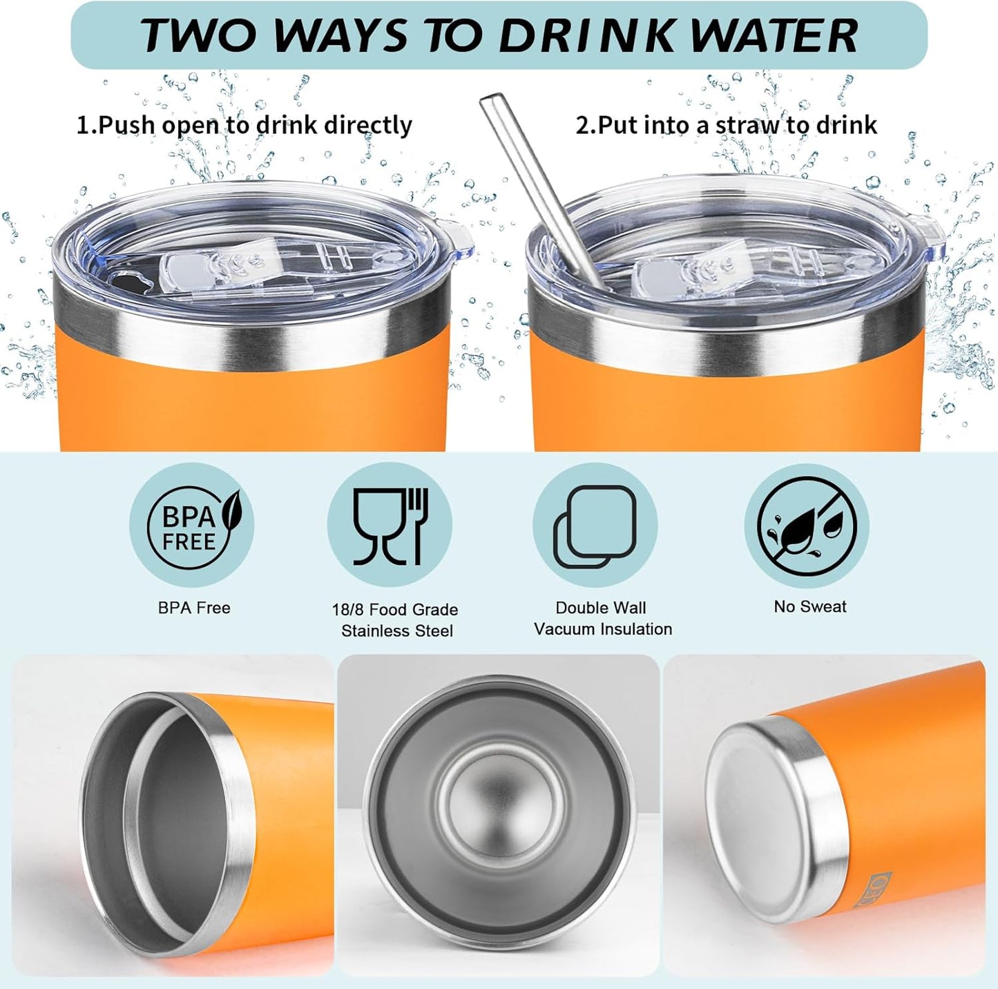 Vaso térmico acero inox con popote y cepillo naranja