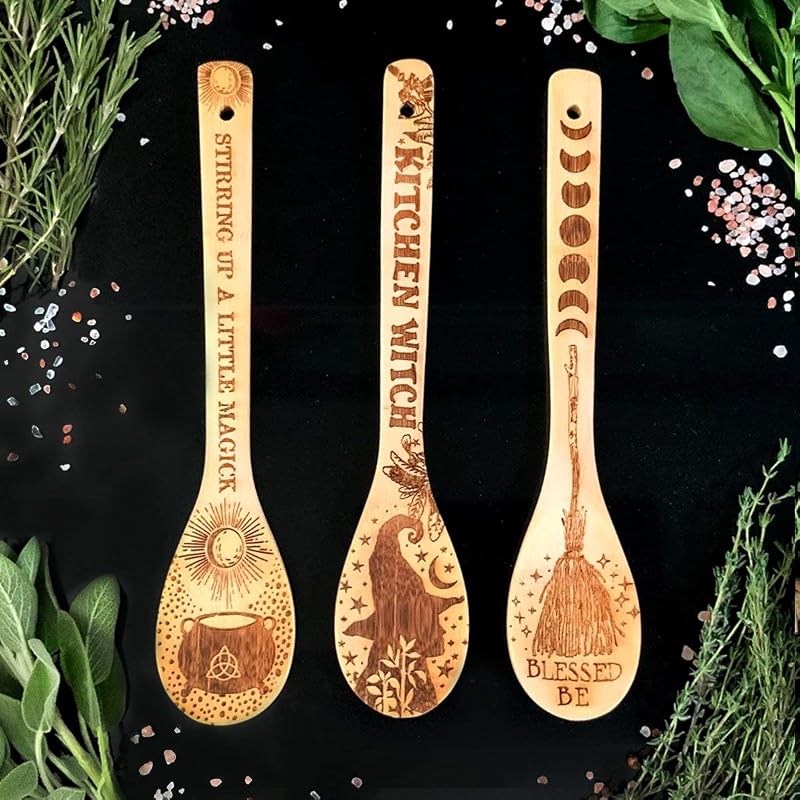Juego cucharas bambú grabadas regalo brujas y hogares paganos