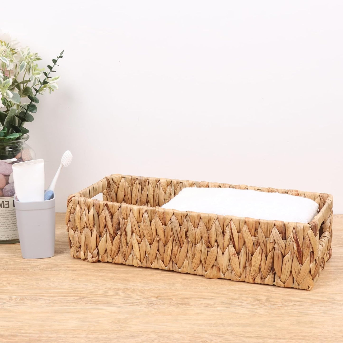 Cesta mimbre asa para organizar encimera bohemio rectangular
