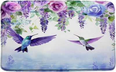 Tapete baño colibrí acuarela flores microfibra 17.8x29.5pulg