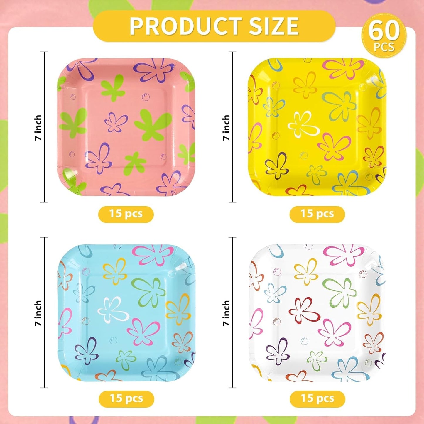 Platos de esponja de dibujos animados 7 pulgadas cuadrados con flores azules para niños