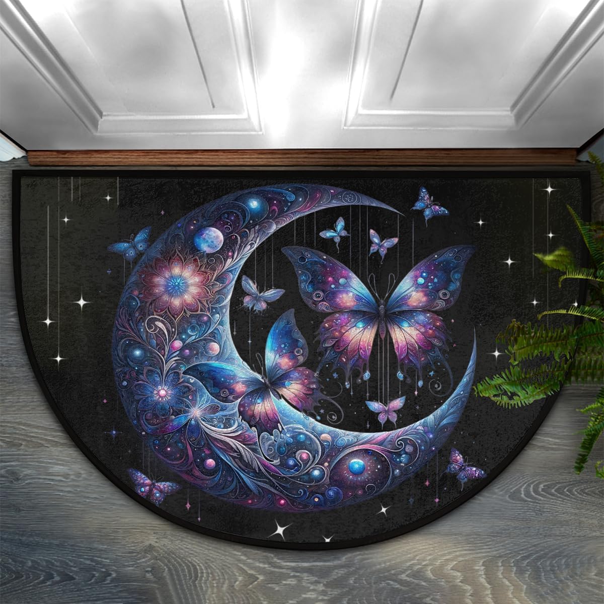 Alfombra media luna diseño galaxia mariposa antiderrap baño