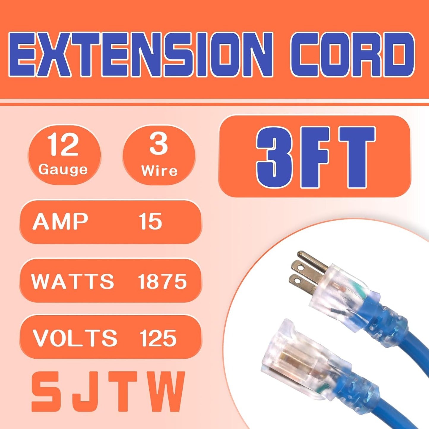 Cable extensión interior con extremo iluminado 3 pies 15A