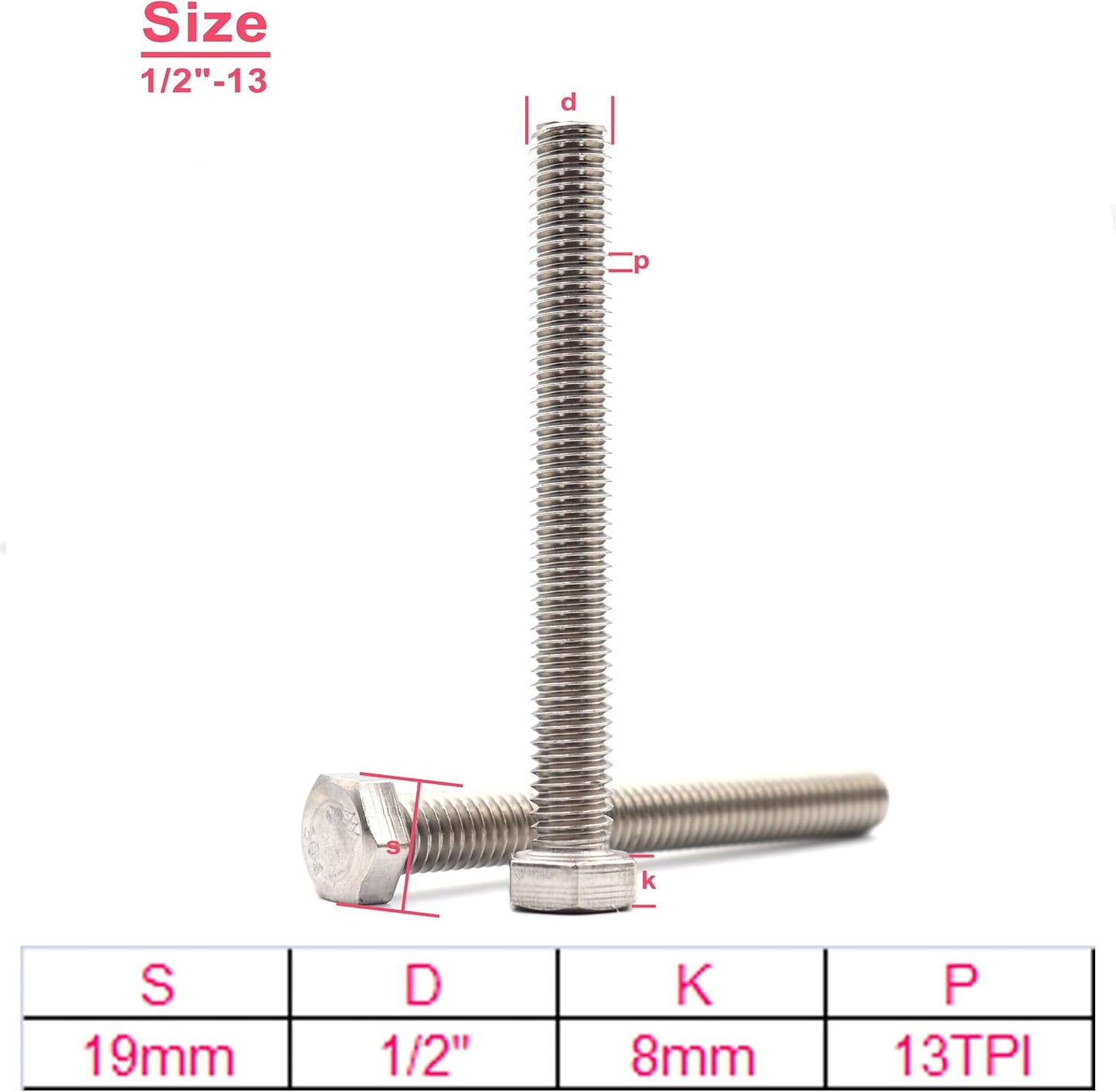 2 Pzas Pernos Hex 1/2-13x3-1/2 Acero Inox 304