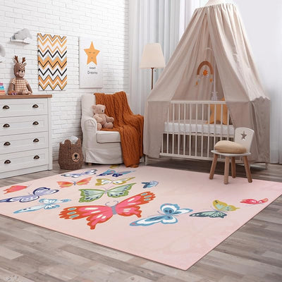 Alfombra antiderrap rosa mariposa dormitorio niña 5x7ft