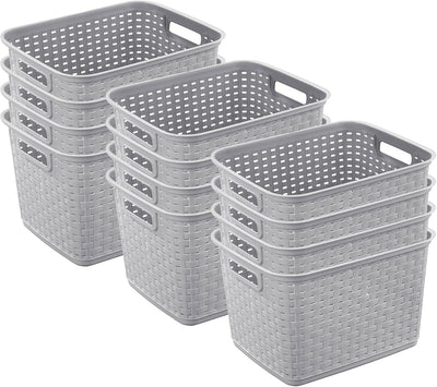 12 Cestas Plástico Estilo Mimbre Gris Cemento Multiusos