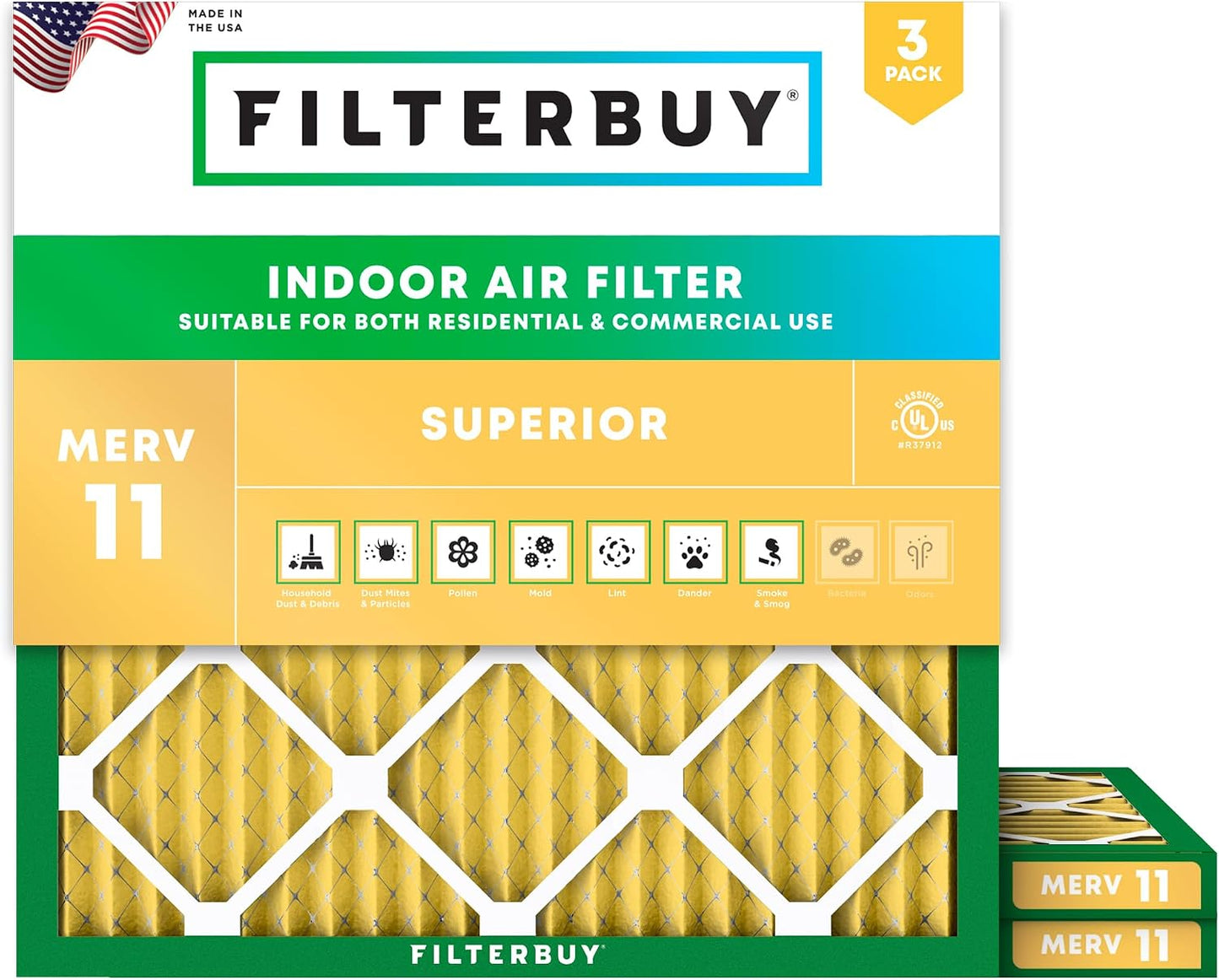 Filtro aire MERV 11 21x21x1 plisado HVAC 3 pzas