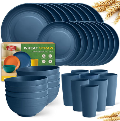 Set 32 pzas vajilla plástico paja trigo color azul otoño