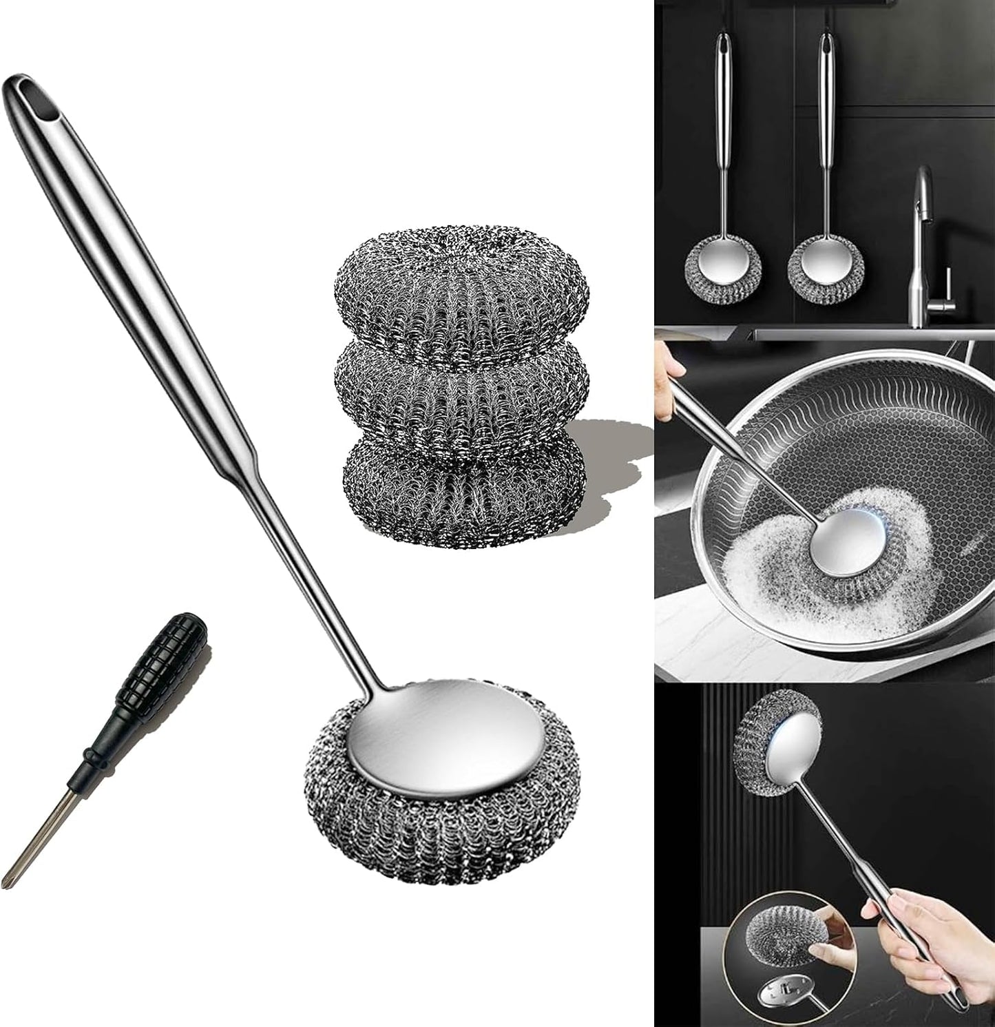 Juego estropajo acero inox con cepillo mango largo para fregar