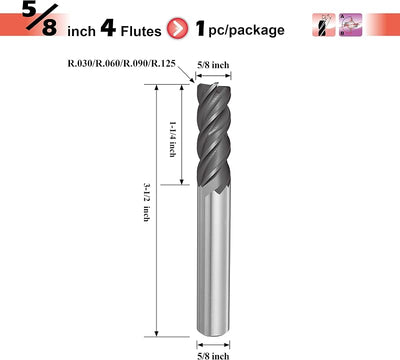 Fresa carburo 4 flautas 5/8" R0.09 para titanio