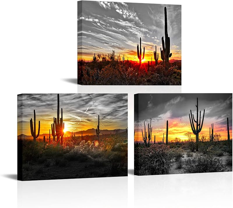 3 Paneles Lienzo Atardecer Saguaros Desierto Sonorano