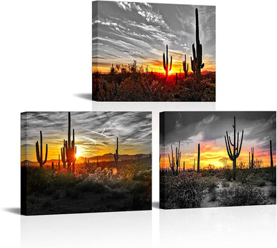 3 Paneles Lienzo Atardecer Saguaros Desierto Sonorano