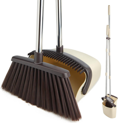 Juego escoba y recogedor mango largo hogar cocina oficina pelo mascotas beige