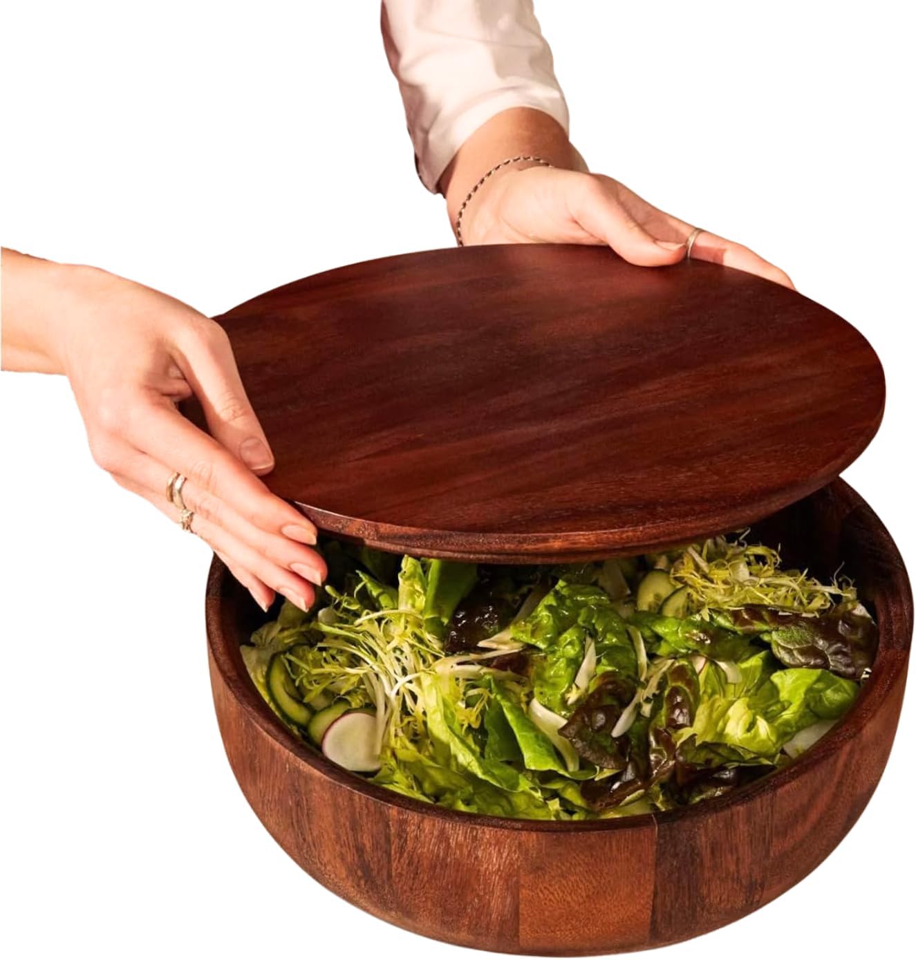 Ensaladera madera nogal grande con tapa mesa moderna