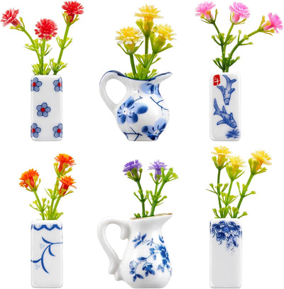 6 Pzas Jarrones Cerámica 3D Azul Blanca Decoración