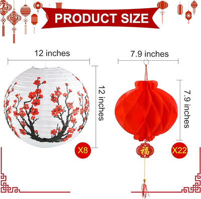 Kit 30 faroles papel flor cerezo rojo 12pulg festival primavera