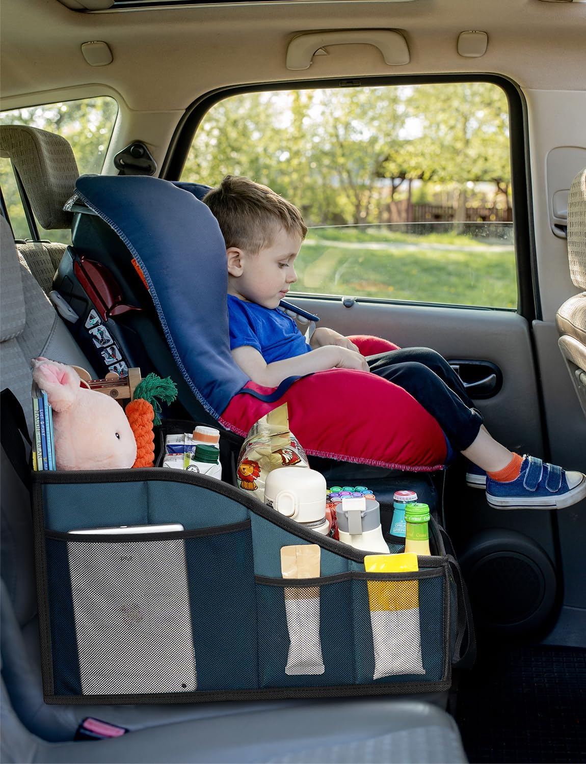 Organiz. asiento coche 4 comp 7 bolsillos malla azul