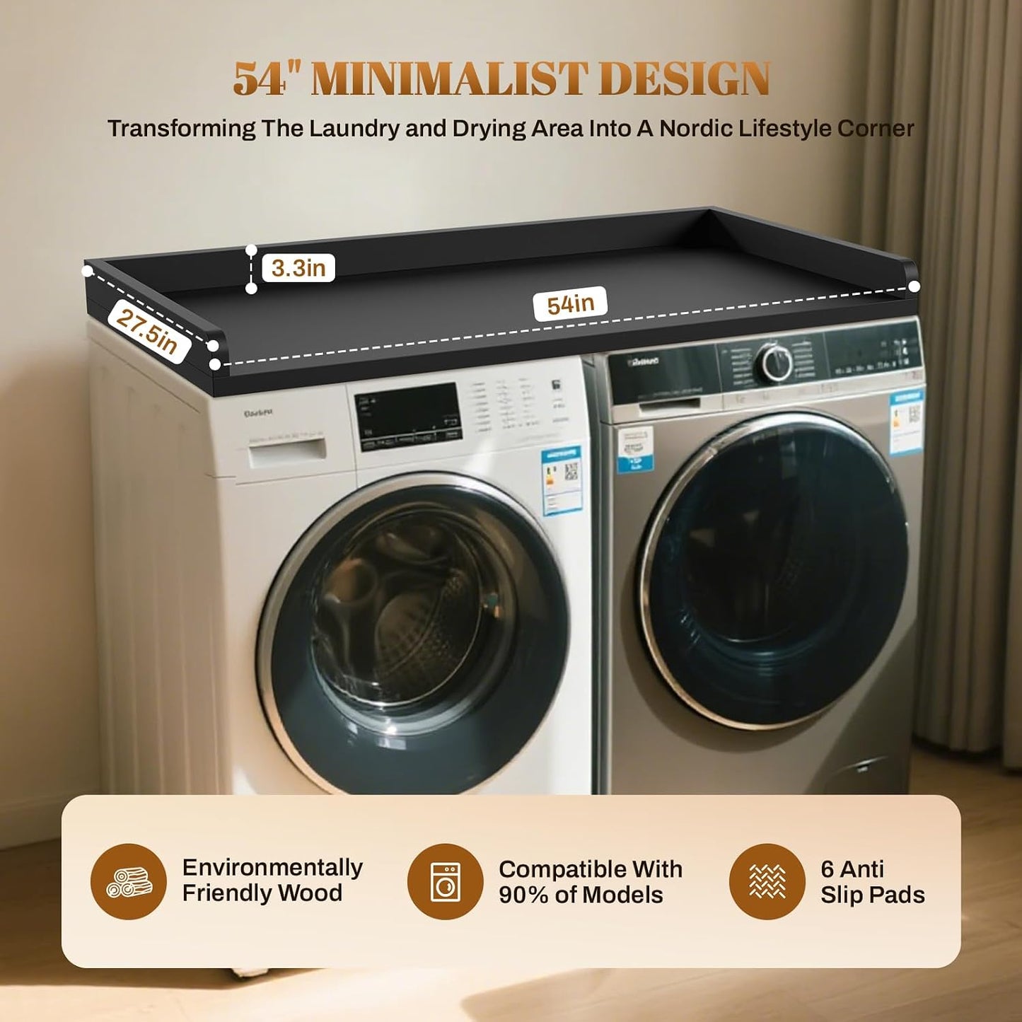 Encimera lavadora/secadora 54x27.5pulg madera negro