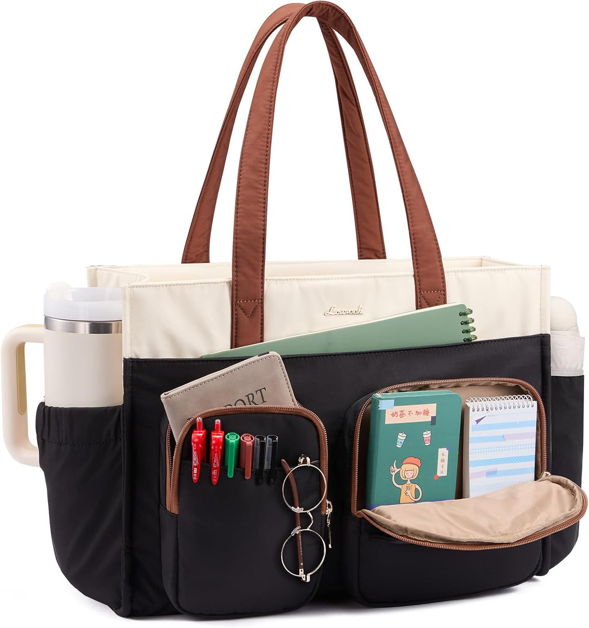 Bolso profesora con bolsillos laptop portavasos
