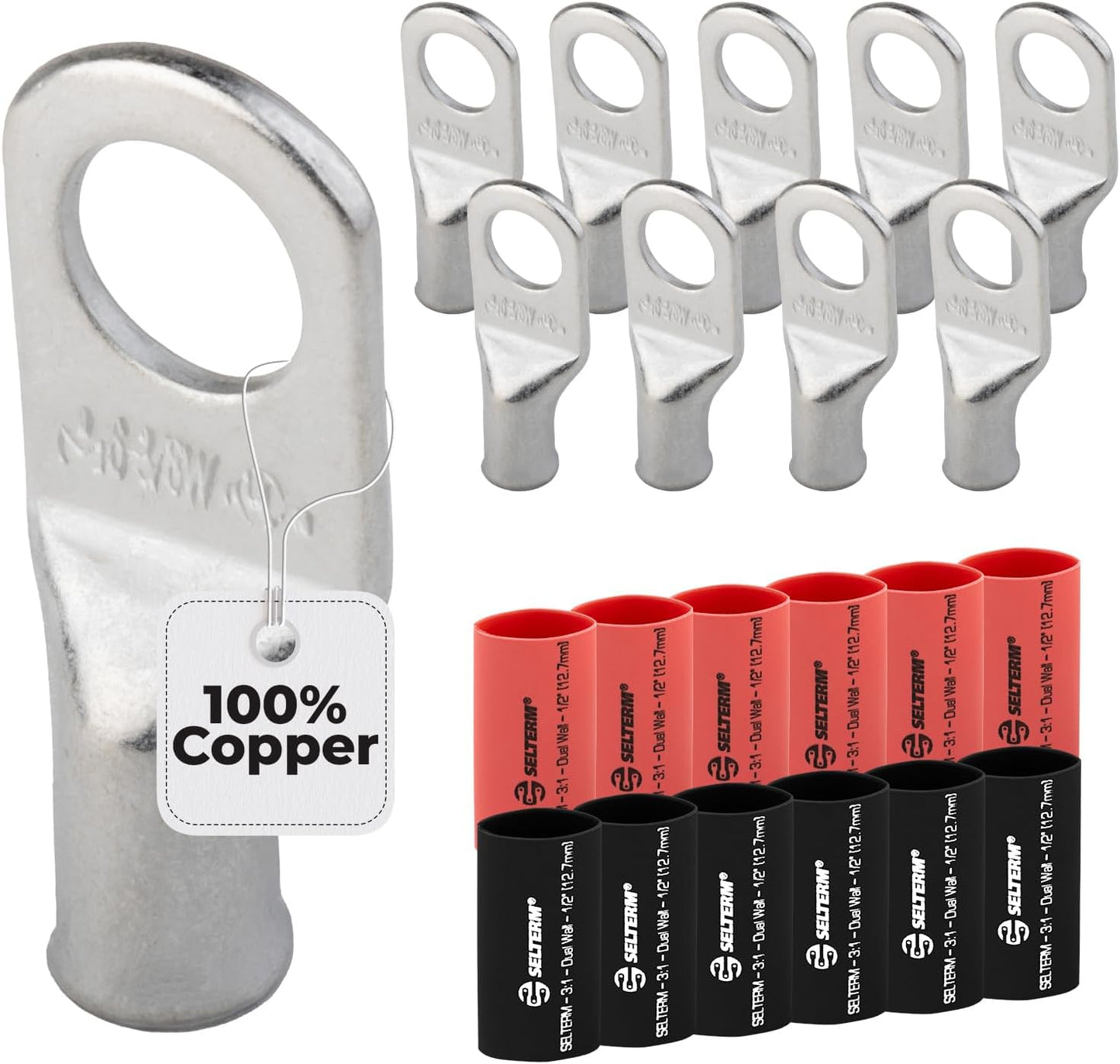 10 Pzas Conectores Anillo 6 AWG 3/8pulg Tubos Termorretráctiles 3:1 Negro Rojo