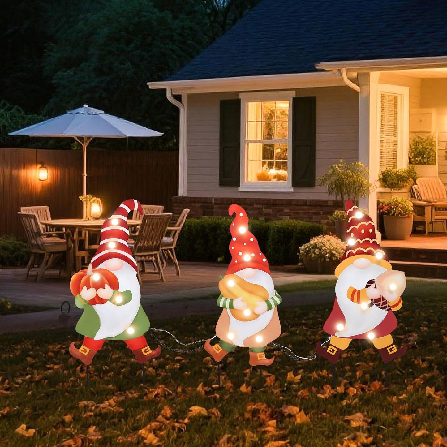 3 Pzas Letrero Metal Gnomos Luces LED Jardín Otoño