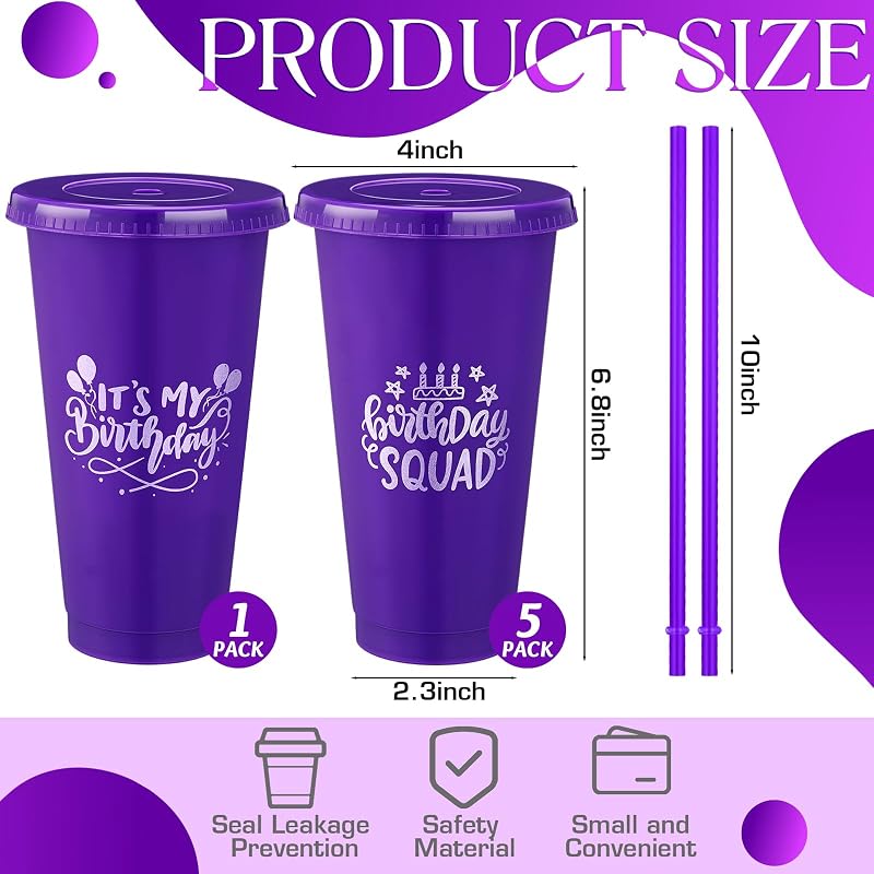Vasos plástico cumpleaños 24oz con tapa pajita morado