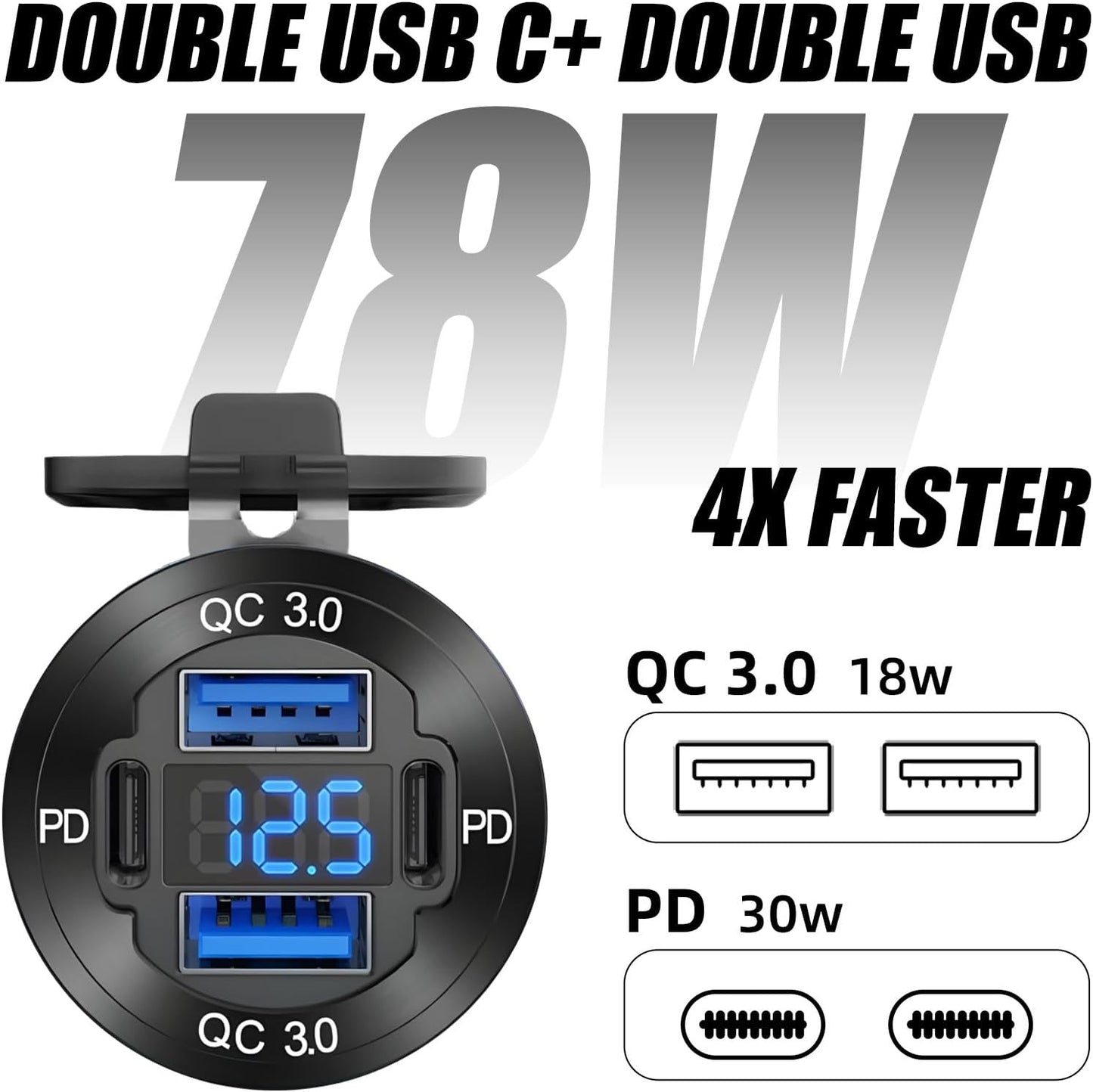 Cargador USB 12V 4 Puertos con Voltímetro Led para Coche