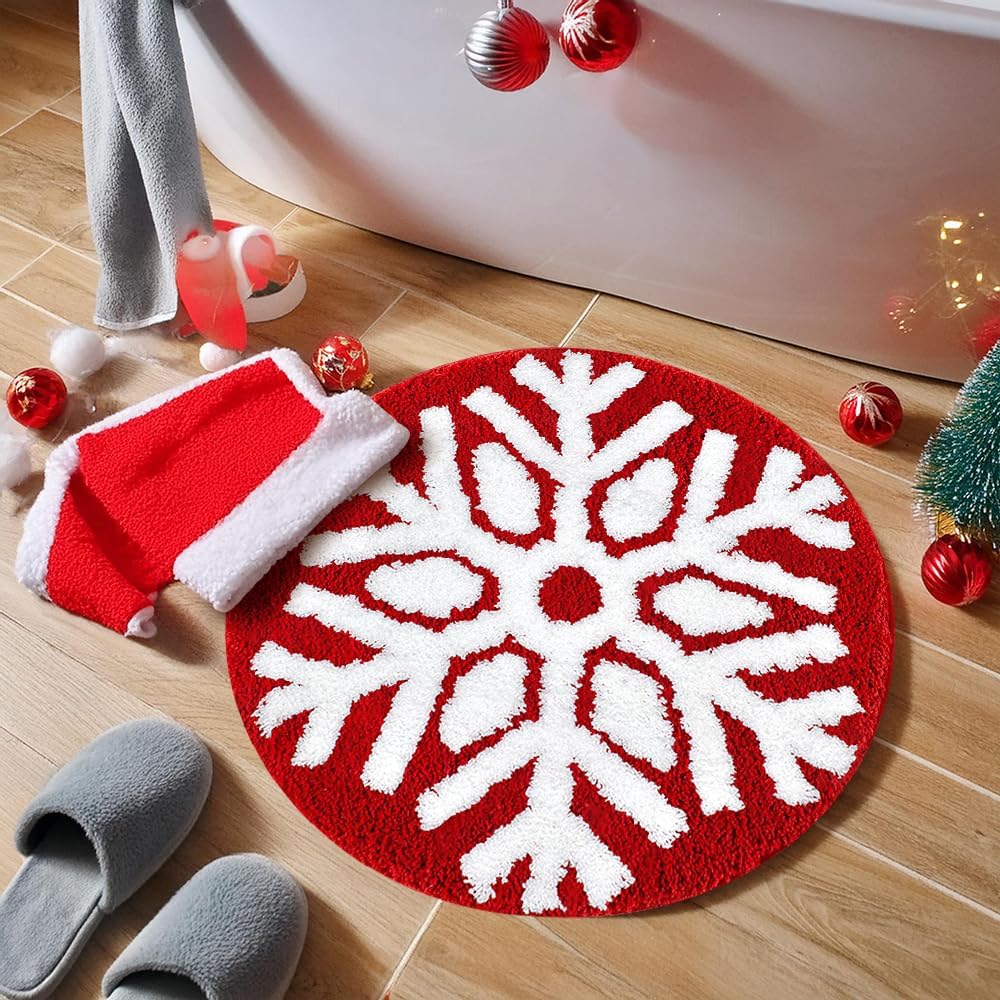 Alfombras baño Navidad copos nieve rojos antiderrap