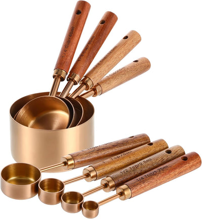 Set 8 Tazas y Cucharas Medidoras Acero Inox Oro Rosa Asa Madera