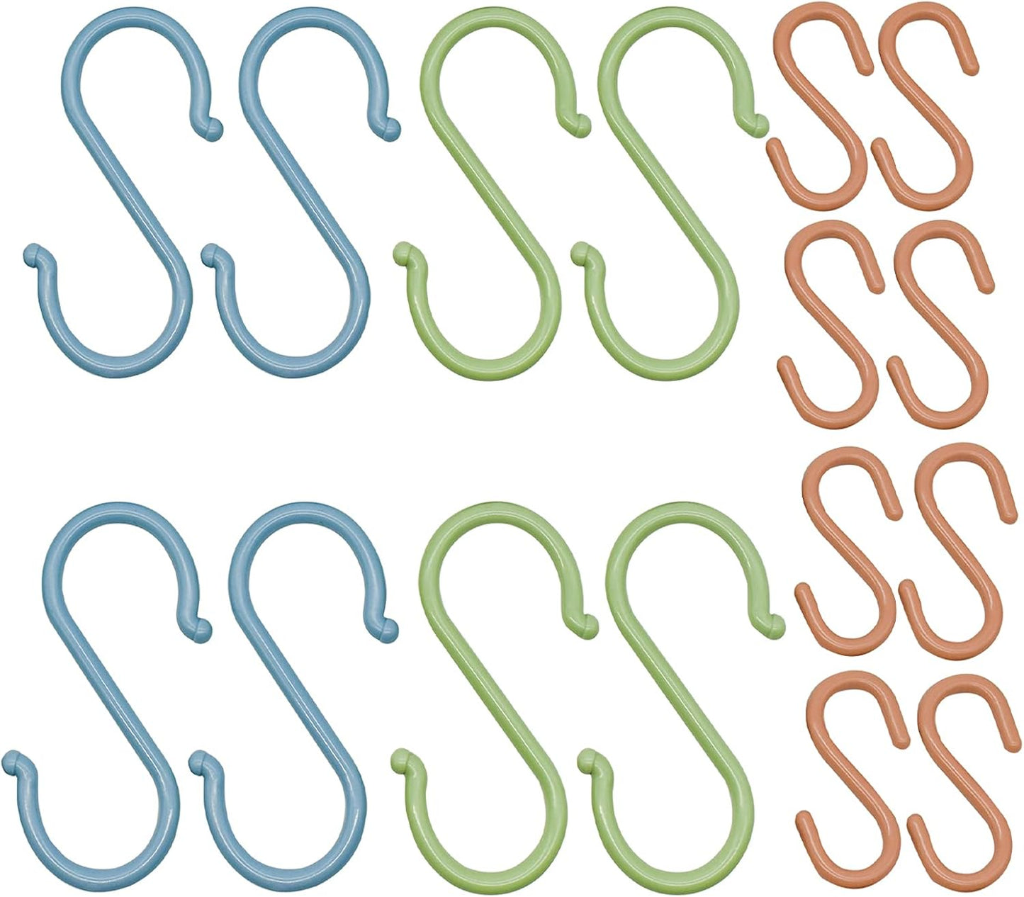 Set 16 ganchos plástico forma S 8 tamaños rosa verde azul