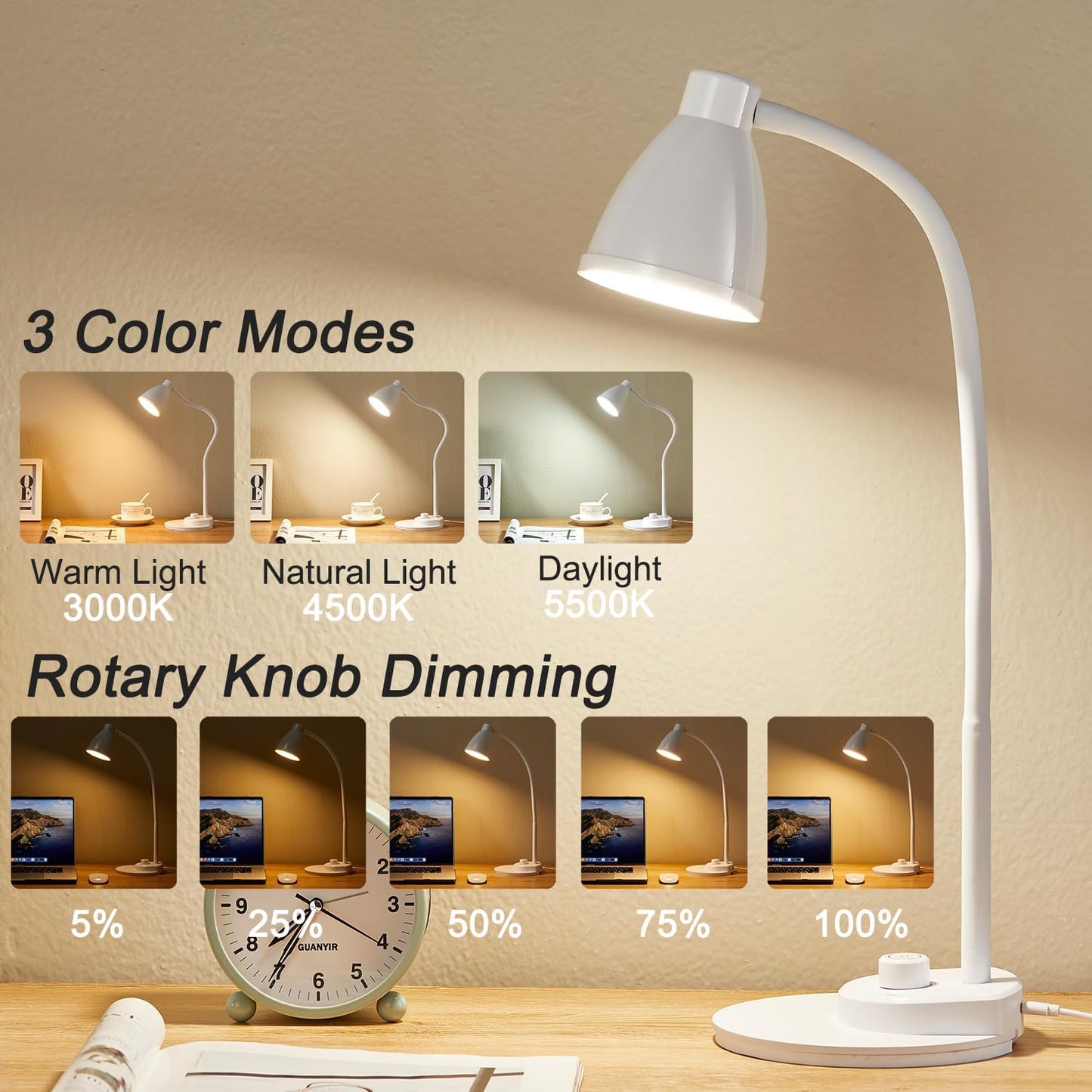Lámpara LED escritorio USB regulable 3 modos color cuello flexible