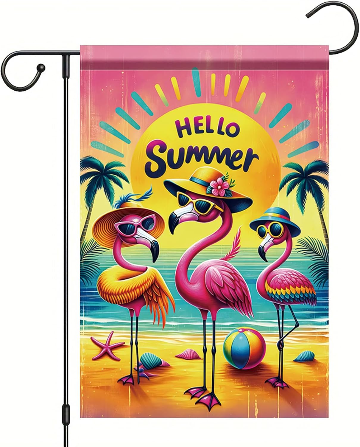 Bandera jardín flamenco hello summer 12x18pulg decoración tropical