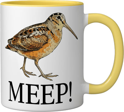 Taza cerámica Meep Bird con aves observando un faisán americano amarillo/blanco