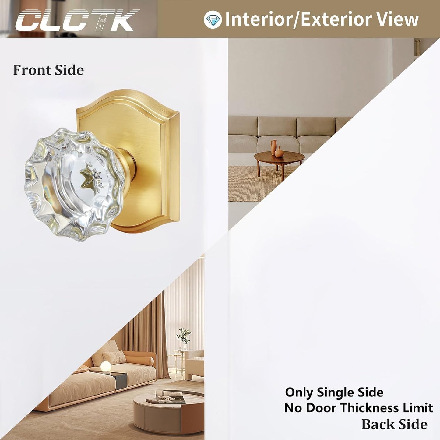 2 Pomas Puerta Simuladas Latón Satinado Cristal Dorado
