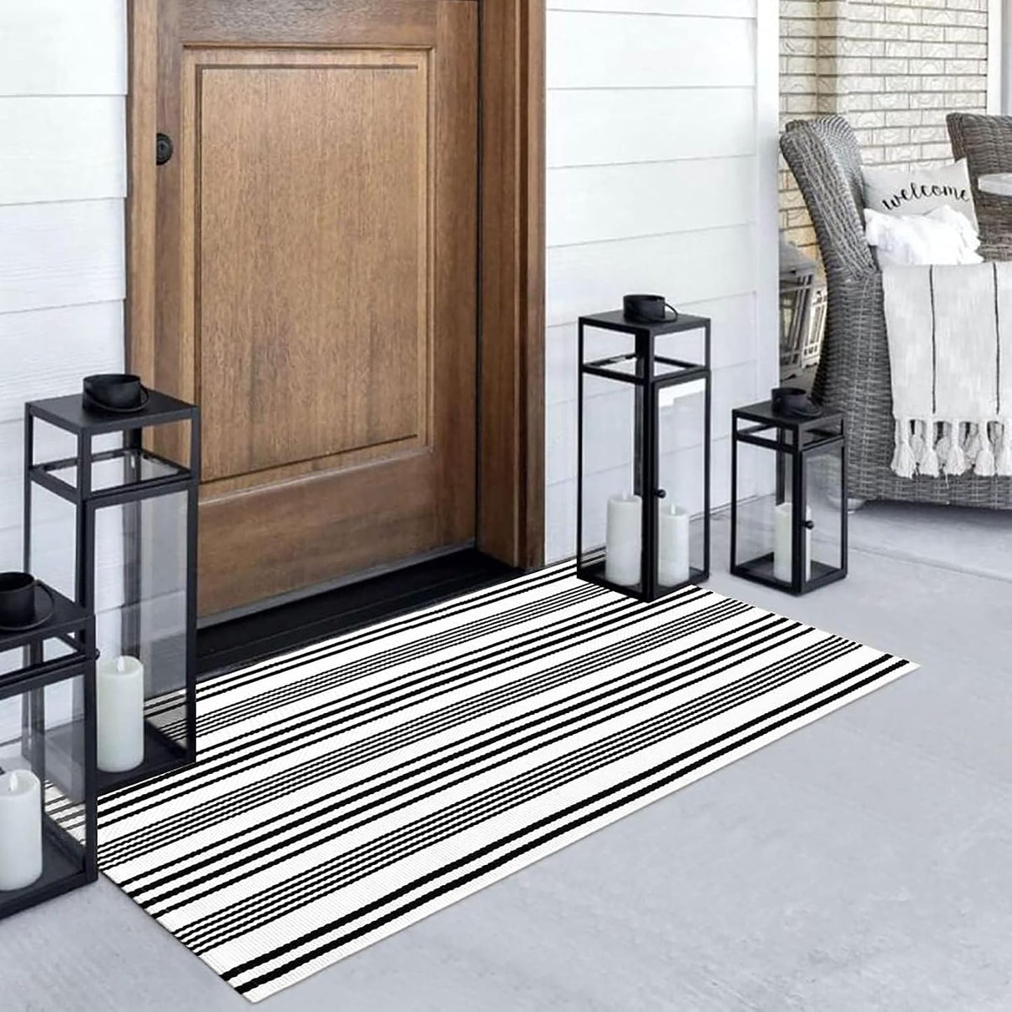 Alfombra exterior rayas blancas y negras 2x4.3pies algodón reversible