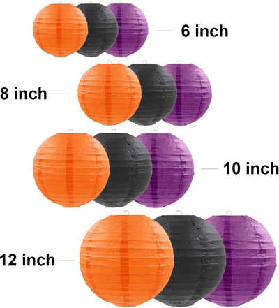 12 Pzas Faroles Papel Halloween Colgantes Naranja Negro Púrpura