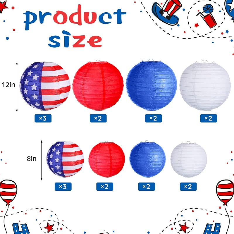 18 Linternas papel bandera USA 4 de Julio 8x12pulg