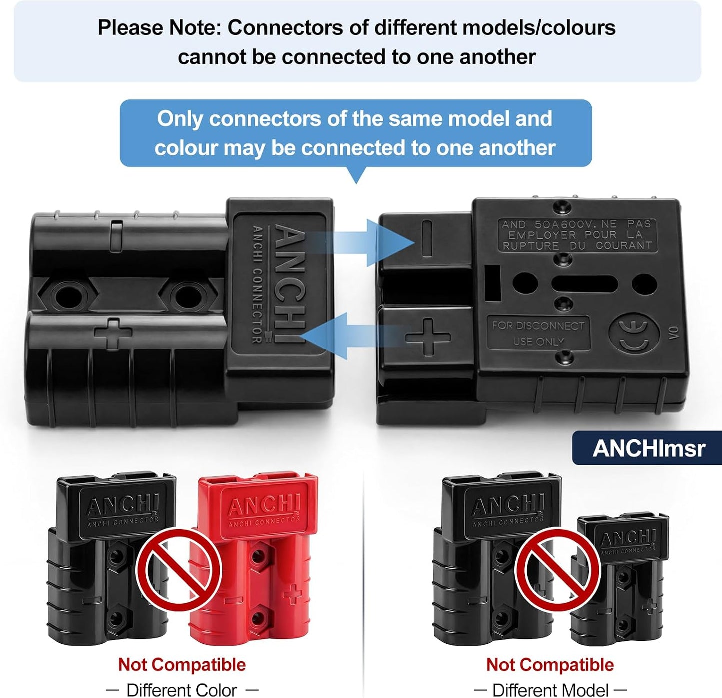 Conector 50A 600V 2 pares para batería 10/12 AWG negro