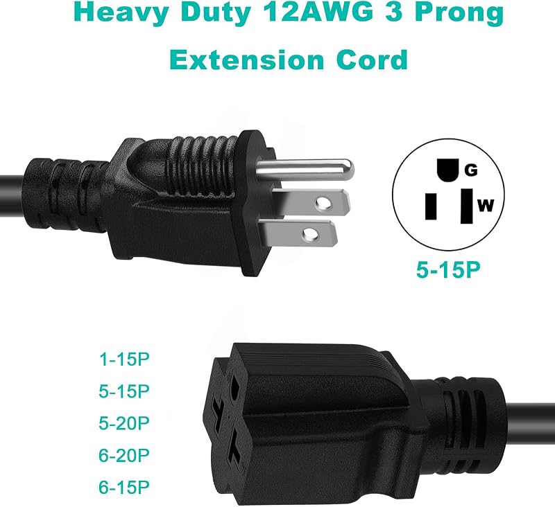 2 Cables Extensión 6" 12AWG 15Amp Adaptador 5-15P a 20Amp